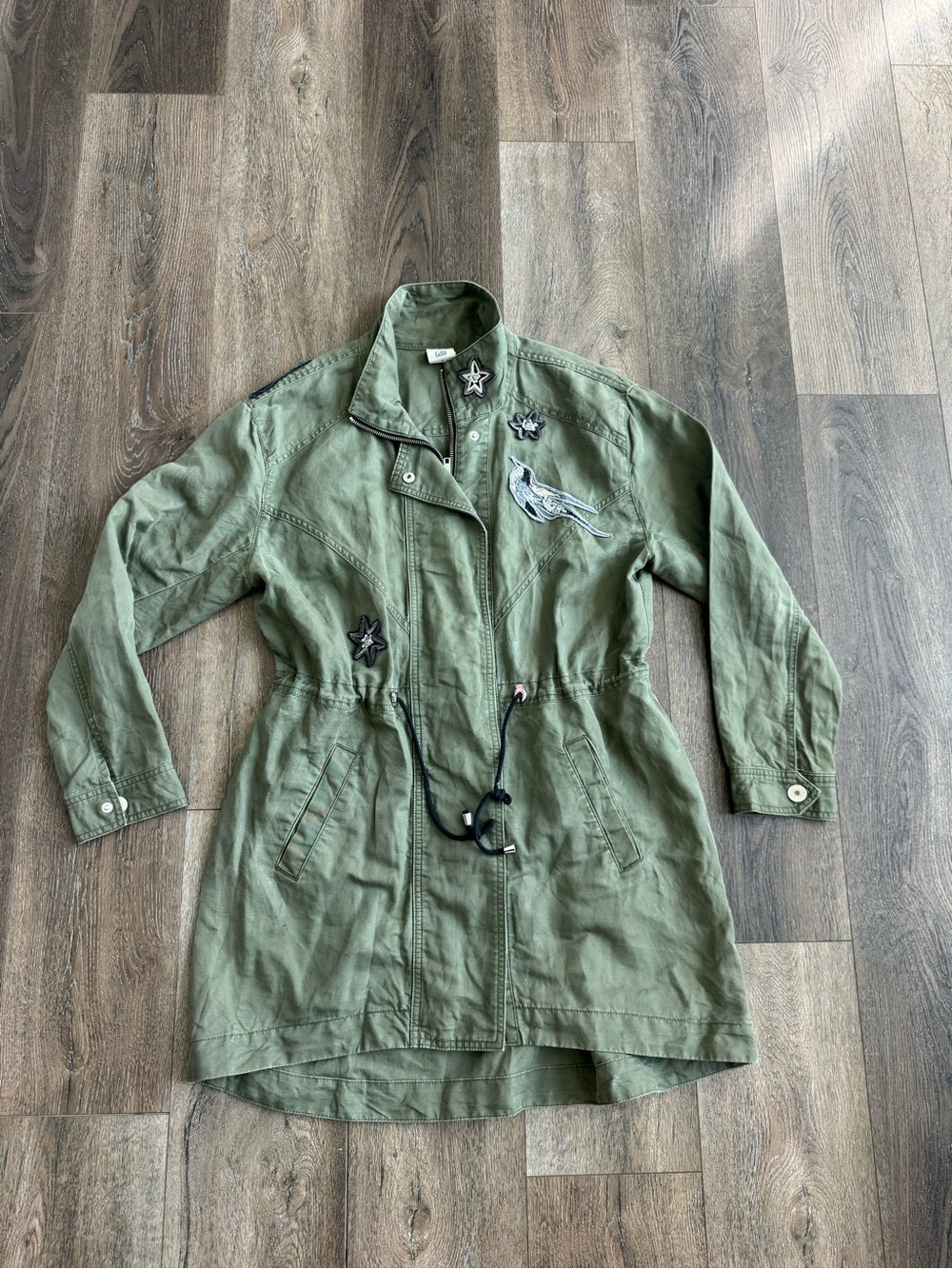 CAbi Olive Green Utility Jacket with Embroidered Patches Size Small